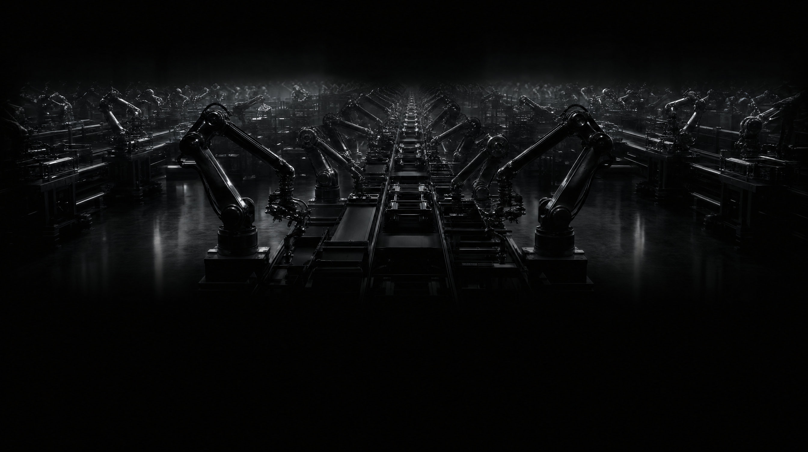 Robotic assembly line in a dark factory hall